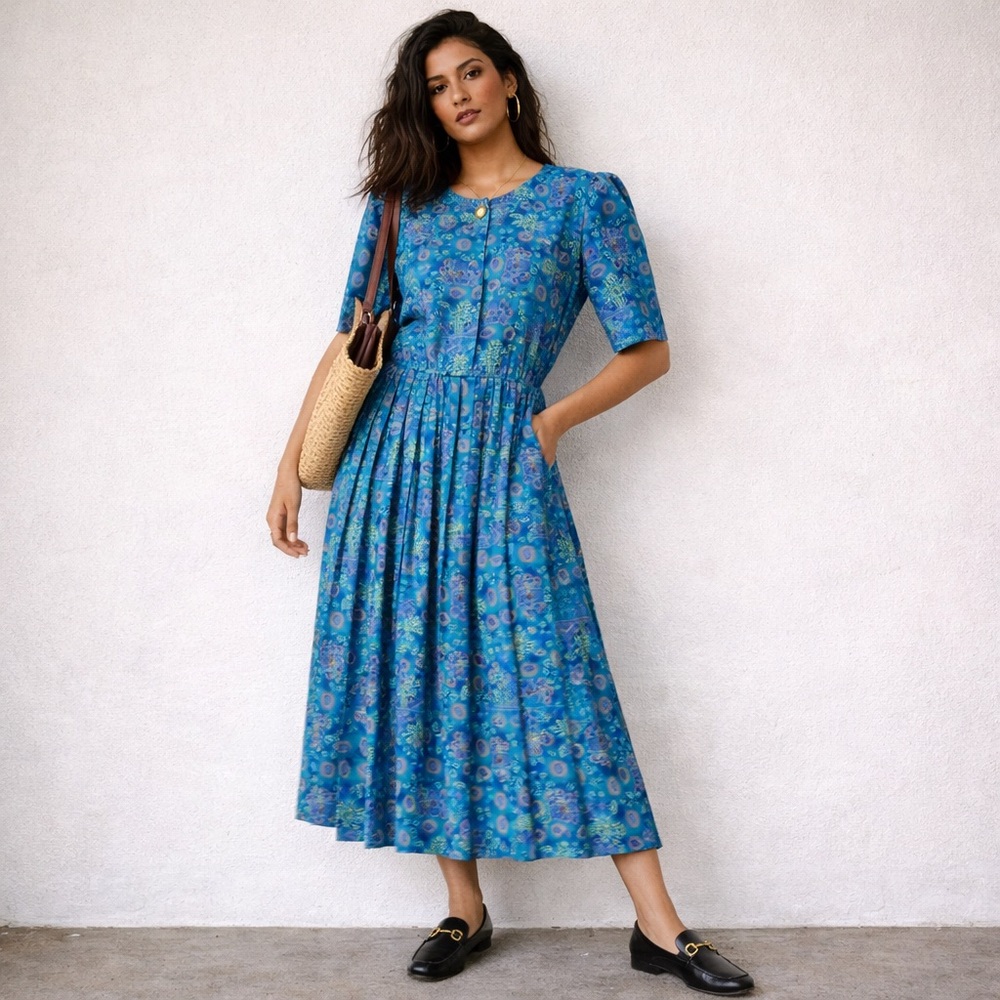 Vintage 80s Bright Turquoise Pleated Midi Dress by Lady Carol of NY
